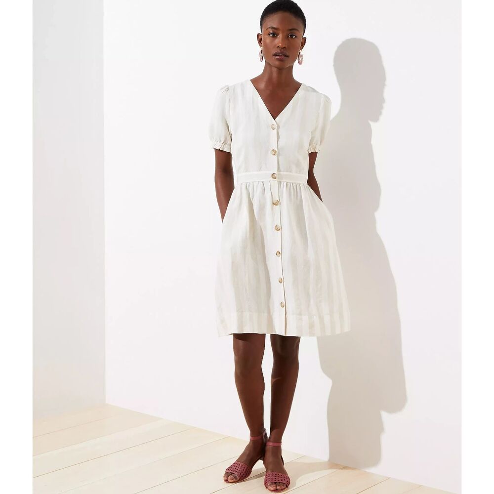 Ann Taylor LOFT Striped Puff Short Sleeve Pocket Shirtdress Linen Sz 6 Linen NWT